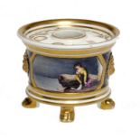 AN ENGLISH PORCELAIN COBALT GROUND INKWELL, C1820 painted with a mournful woman on the coast, 7cm
