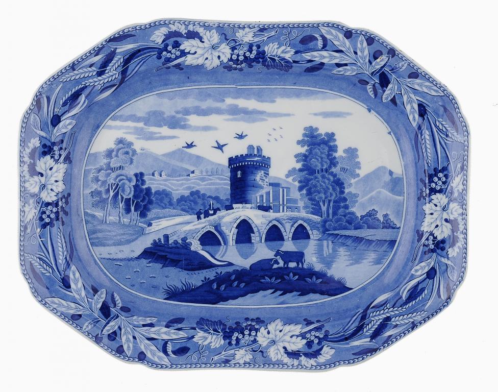 A BLUE PRINTED EARTHENWARE BRIDGE OF LUCANO MEAT DISH, C1830 54.5cm w ++In fine condition