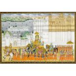 AN INDIAN MINIATURE, 19TH C OR LATER the ruler of Udaipur in procession, Rajasthan, gouache on silk,