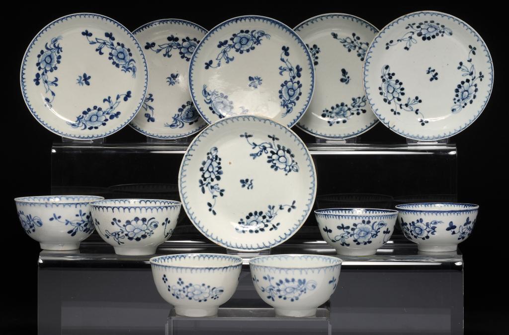 SIX LIVERPOOL BLUE AND WHITE TEA BOWLS AND SAUCERS, JOHN OR JANE PENNINGTON, C1775-85 painted with