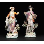 A PAIR OF DERBY FIGURES OF DRESDEN SHEPHERDS, C1780 21and 22cm h, incised No 55 and 2 size ++Some