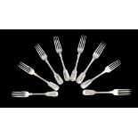 EIGHT GEORGE IV AND VICTORIAN SILVER TABLE FORKS Fiddle pattern, London and Newcastle, the makers