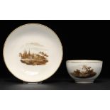 A PINXTON TEA BOWL AND SAUCER, 1796-1813 painted with landscapes, saucer 13.5cm diam ++Both in