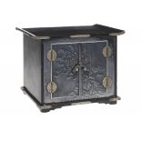 A JAPANESE SILVER MOUNTED LACQUER TABLE CABINET, MEIJI/TAISHO fitted with three drawers enclosed