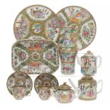 THREE CANTON FAMILLE ROSE TEAPOTS AND COVERS, A VASE, DISH, PAIR OF PLATES, PAIR OF CUPS AND