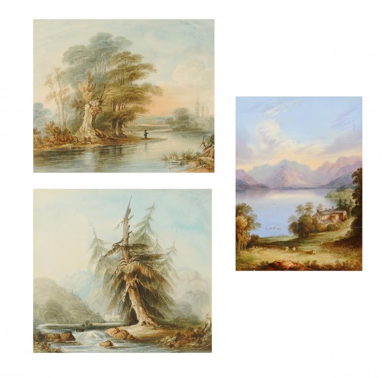 AN ENGLISH PORCELAIN PLAQUE AND PAIR OF WATERCOLOURS, PAINTED BY RICHARD ABLOTT, C1840-50 with