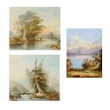 AN ENGLISH PORCELAIN PLAQUE AND PAIR OF WATERCOLOURS, PAINTED BY RICHARD ABLOTT, C1840-50 with