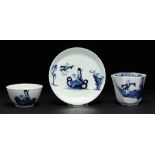 A LIVERPOOL BLUE AND WHITE HEXAGONAL BEAKER AND TEA BOWL AND SAUCER, RICHARD CHAFFERS & CO, C1756-60