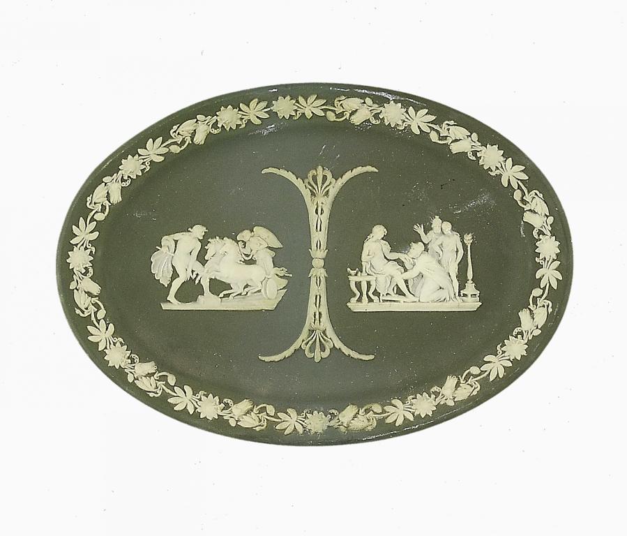 A WEDGWOOD GREEN JASPER DIP DISH, C1900 ornamented in green tinted white jasper, 23.5cm w, impressed