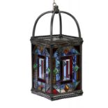 A VICTORIAN OXIDISED BRASS HALL LANTERN WITH LEADED GLASS LIGHTS, C1900 56cm h ++Originally with gas