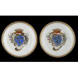 A PAIR OF CHINESE EXPORT PORCELAIN ARMORIAL SAUCERS, C1750 with gilt spearhead border, 13.5cm