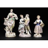 TWO MEISSEN FIGURES AND A GROUP OF DANCERS, 20TH C 13.5-17cm h, incised or impressed nos, crossed