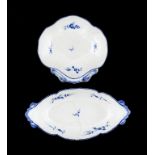 A CAUGHLEY BLUE AND WHITE RADISH DISH AND MATCHING SHELL SHAPED DESSERT DISH, C1779-88 painted
