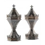 A PAIR OF VICTORIAN SILVER SALT CASTERS COMMISSIONED BY THE SALTERS' COMPANY IN COMMEMORATION OF THE