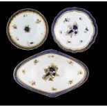 A CAUGHLEY BLUE AND GILT LOZENGE SHAPED DISH AND A MATCHING CAUGHLEY SAUCER DISH AND PLATE, C1788-93