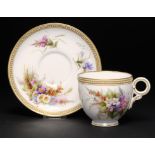 A ROYAL WORCESTER JEWELLED CUP AND SAUCER, DATED 1914 painted by W Hale, both signed, with heathers,