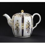 A CAUGHLEY BLUE AND GILT BARREL SHAPED TEAPOT AND COVER, C1788-93 14.5cm h, painted S ++Spout