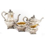 A WILLIAM IV SILVER MELON SHAPED TEA AND COFFEE SERVICE with melon knop, coffee pot 24cm h, by