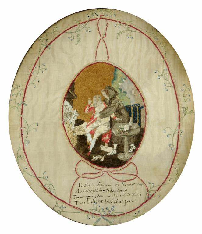 A REGENCY SILK PICTURE, C1810 worked in coloured silk and applied on ivory silk with an amorous