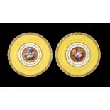 A PAIR OF DERBY YELLOW GROUND PLATES, C1795 finely painted in the manner of William Billingsley with