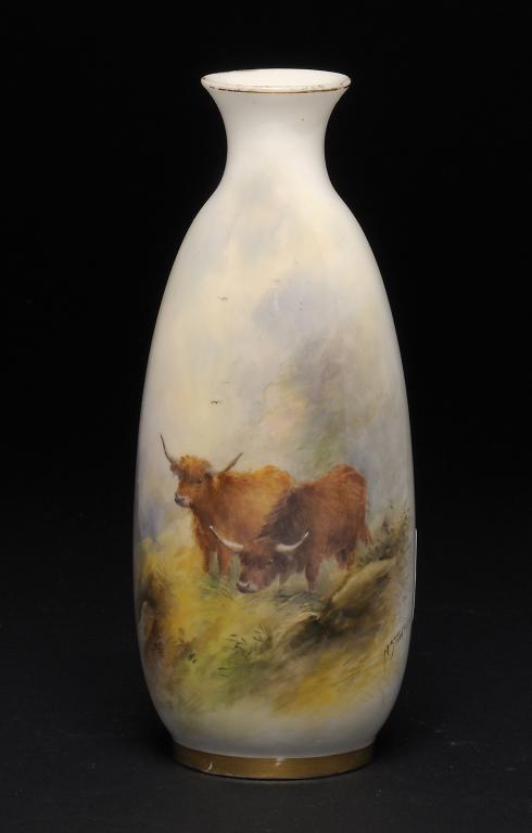 A ROYAL WORCESTER SLENDER OVIFORM VASE, C1918 painted by H Stinton, signed, with highland cattle,