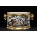 A DERBY BOUGH POT, C1800 finely painted, probably by John Brewer, with a large panel of birds,