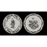 TWO CHINESE 'JESUIT WARE' SAUCERS, C1750 painted with the Virgin in crown and swag border or Juno on