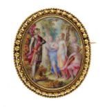 A GOLD BROOCH, LATE 19TH C set with a painted enamel plaque, ++In good condition