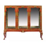 A QUEEN ANNE STYLE SCARLET JAPANNED CHINA CABINET, C1930 with mirror lined interior and fitted