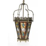 A VICTORIAN BRASS AND LEADED GLASS TAPERED HEXAGONAL HALL LANTERN, C1900 with coloured, faceted