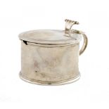 A GEORGE III SILVER MUSTARD POT crested, blue glass liner, 6cm h, by Robert Garrard, London 1804,