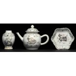 A CHINESE TEAPOT, COVER AND STAND AND TEA CADDY, C1750 decorated en grisaille and red with a