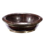 A BRASS BOUND STAINED WOOD BOWL 20cm h, 77cm diam ++Repolished and uneven patina but complete