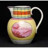 A YELLOW GROUND PEARLWARE JUG, C1810 painted to either side in bright carmine pink with an oval