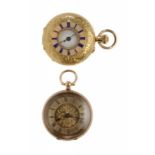 TWO SWISS GOLD CYLINDER FOB WATCHES, C1900 one with guilloche enamel chapter ring, marked 9K or 18K,