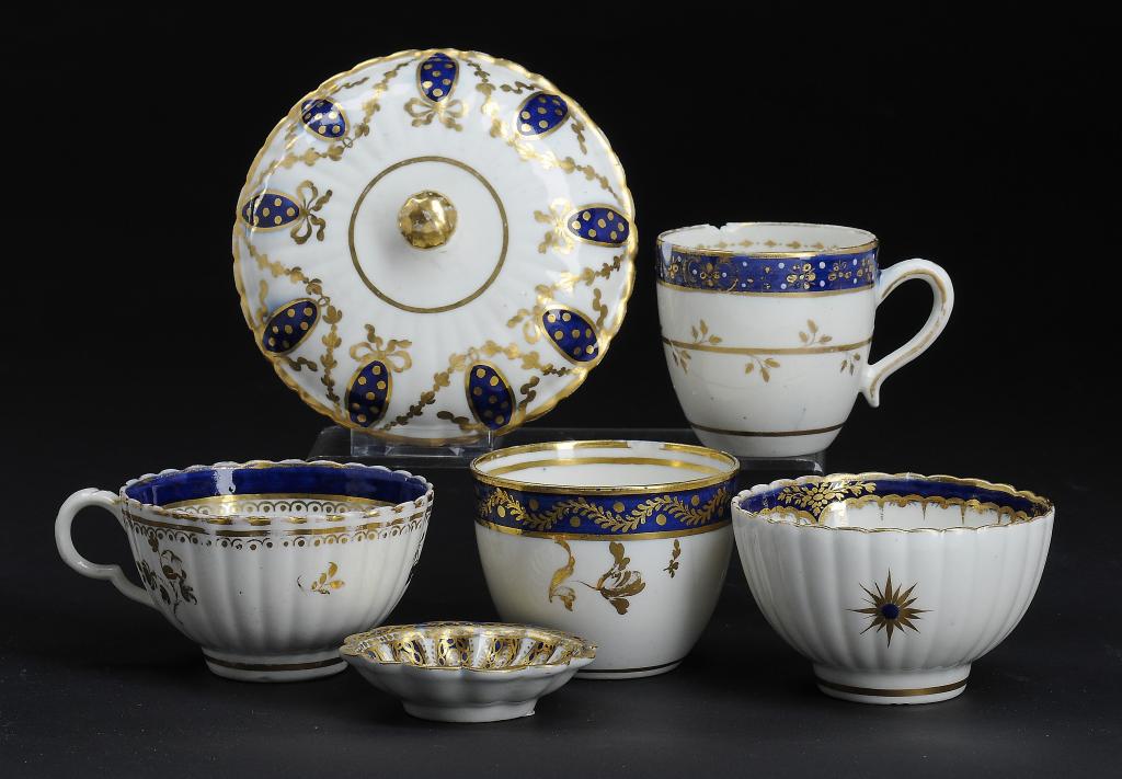 SIX CAUGHLEY BLUE AND GILT WARES, C1788-93 various sizes Exhibited: 1999, the miniature bowl No 584.