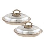 A PAIR OF VICTORIAN SILVER OVAL ENTRÉE DISHES AND COVERS with detachable handle, crested, 30cm w, by