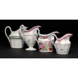 TWO NEW HALL CREAM JUGS, AN A & E KEELING CREAM JUG AND ANOTHER, C1800 silver, conical or oval