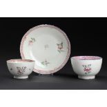 A CAUGHLEY POLYCHROME TEA BOWL AND SAUCER AND SMALLER MATCHING TEA BOWL, C1792-95 enamelled with the