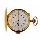 A SWISS 18CT GOLD MINUTE REPEATING KEYLESS LEVER HUNTING CASED CHRONOGRAPH WATCH, C1900 movement