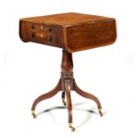 A REGENCY MAHOGANY AND ROSEWOOD BANDED DROP LEAF PEDESTAL TABLE, C1820 fitted with two drawers and