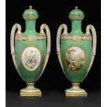 A PAIR OF COALPORT GREEN GROUND VASES AND COVERS, C1861-70 painted to one side with an oval