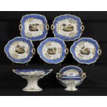 A COALPORT BRUNSWICK BLUE GROUND PART DESSERT SERVICE, C1820 painted with landscapes, comport 15cm