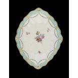 A DERBY TURQUOISE BORDERED LOZENGE SHAPED DESSERT DISH, PAINTED BY WILLIAM BILLINGSLEY, C1785 27cm