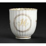 A CAUGHLEY COFFEE CUP OF RARE SHAPE FROM AN INITIALLED SERVICE, C1795 enamelled with the Salopian