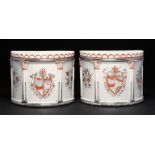 A PAIR OF PEARLWARE BOUGH POTS WITH RED ENAMEL AND SILVER LUSTRE DECORATION, PROBABLY STAFFORDSHIRE,