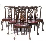 A SET OF SIX VICTORIAN CARVED MAHOGANY DINING CHAIRS, C1900 with compass seat, 97cm h ++The seats