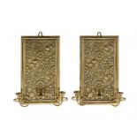 [A PAIR OF AESTHETIC MOVEMENT EMBOSSED SHEET BRASS WALL LIGHTS, C1880 35 [excluding hook] x 20cm,