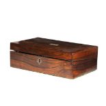 A VICTORIAN ROSEWOOD WRITING BOX, C1850 with fitted interior, 40.5cm w ++In good condition