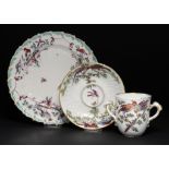 A CHELSEA TWO HANDLED AND MOULDED CUP AND TREMBLEUSE SAUCER AND A CHELSEA FEATHER EDGED PLATE,